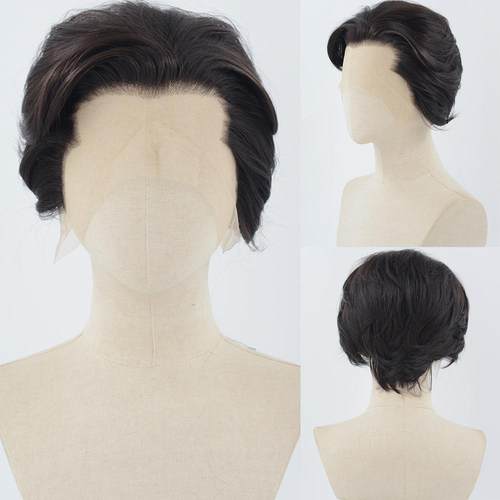 三尖自然黑短发cos万用自然手勾高温丝男影视假发套13*3.5前蕾丝