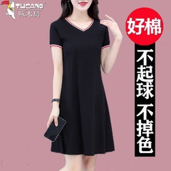 啄木鸟小个子连衣裙女2024新款夏季大码修身显瘦妈妈V领T恤裙子潮