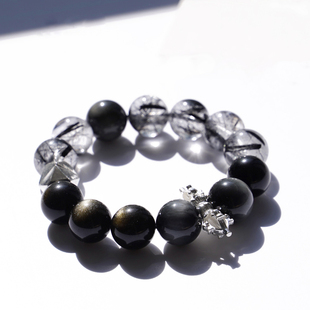 转运珠水晶黑发晶手链黑曜石情侣金曜石手串男简约女鹰眼石 纯银