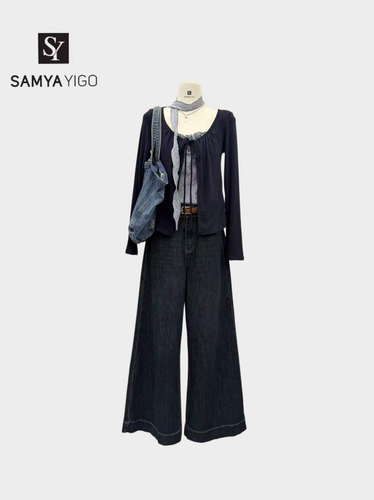 SAMYA YIGO 2026新款韩版时尚百搭显瘦格子假两件搭配牛仔裤8635