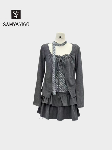 SAMYA YIGO 2026新款韩版时尚显瘦长袖格子假两件2168款搭配短裙