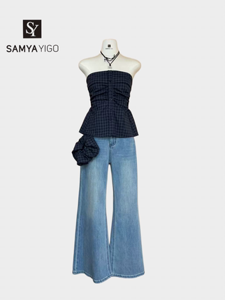 2026 SAMYA YIGO 夏季新款港风复古扣子格子抹胸8565款搭配牛仔裤
