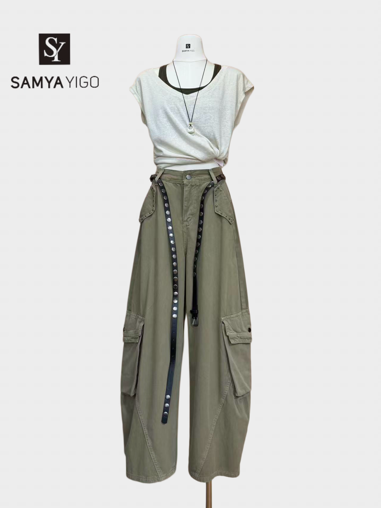 2026 SAMYA YIGO夏季新款个性铆钉腰带工装裤6060款搭配假两件