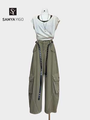 2026 SAMYA YIGO夏季新款个性铆钉腰带工装裤6060款搭配假两件