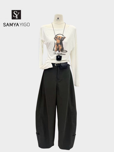 SAMYA YIGO美式复古字母印花长袖T恤女夏季新款宽松显瘦305款