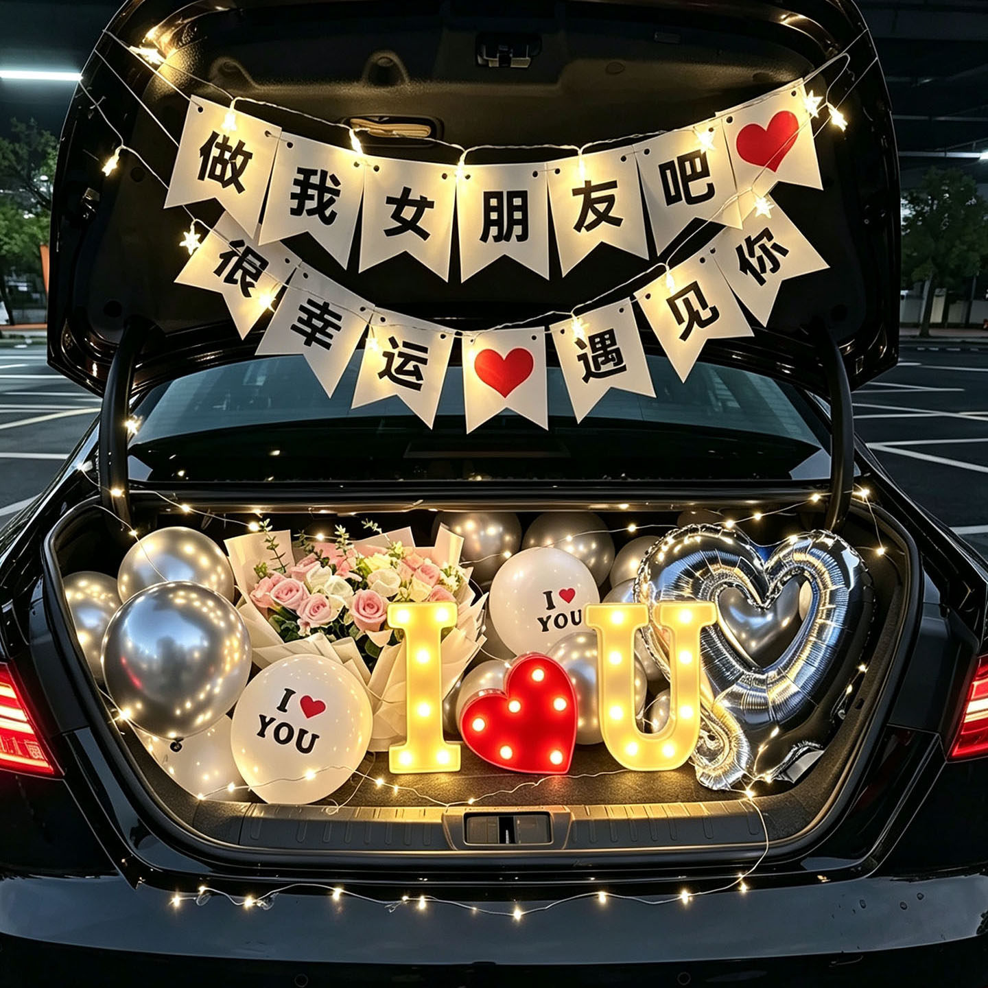 轿车后备箱惊喜浪漫520表白求婚装饰告白男女朋友车尾箱布置场景