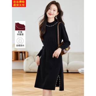 高级感半高领针织连衣裙女秋冬2025新款收腰显瘦开叉中长款气质裙