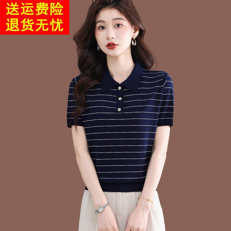翻领短袖t恤女士夏季新款时尚polo领短款条纹上衣薄款冰丝针织衫