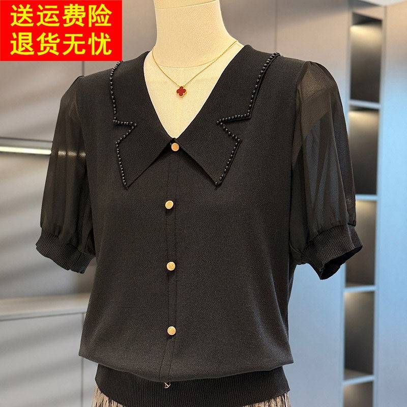 时尚气质雪纺拼接针织衫女年轻妈妈装夏装新款上衣减龄中年人T恤