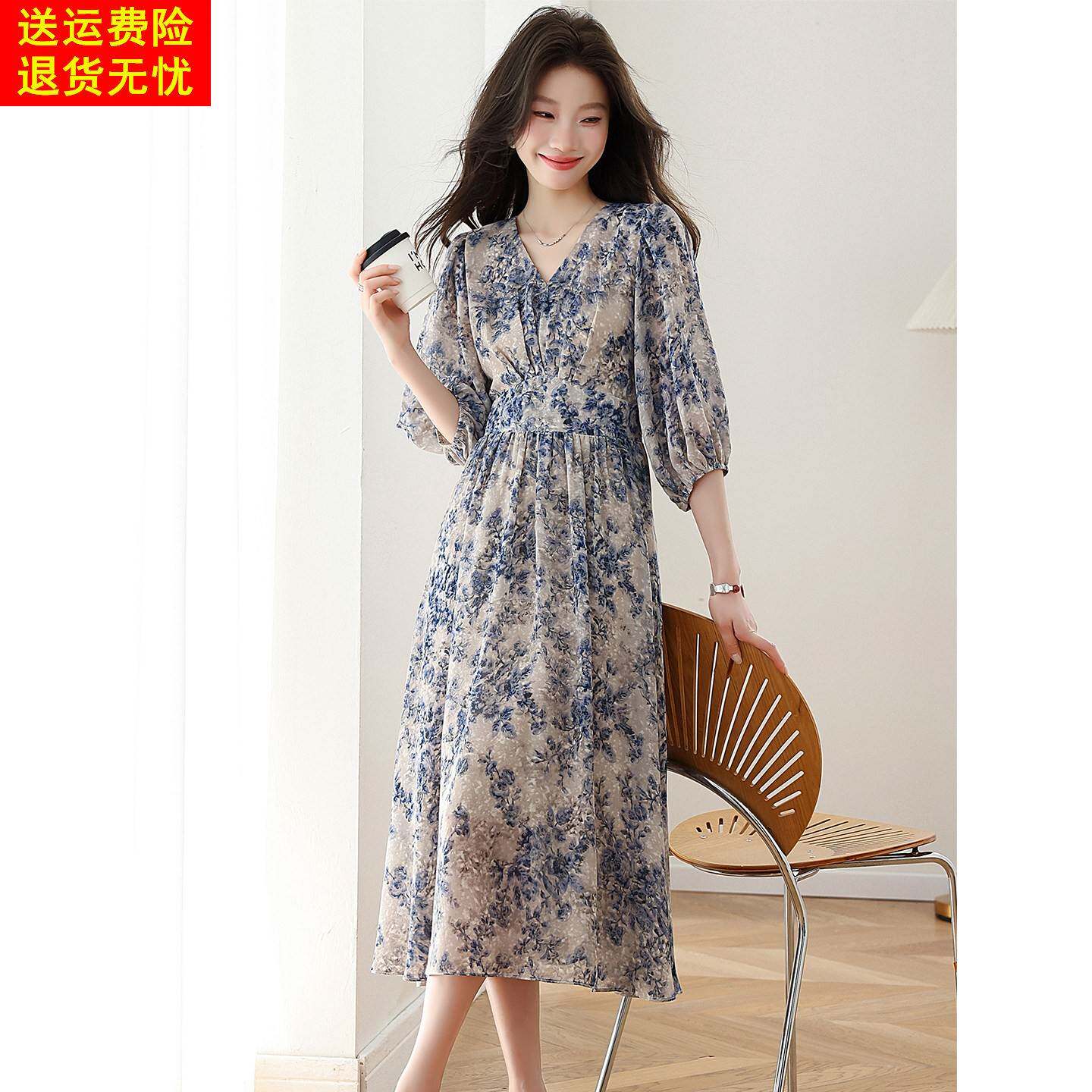 法式碎花V领雪纺洋装女装2026夏季新款巨好看收腰显瘦气质裙子