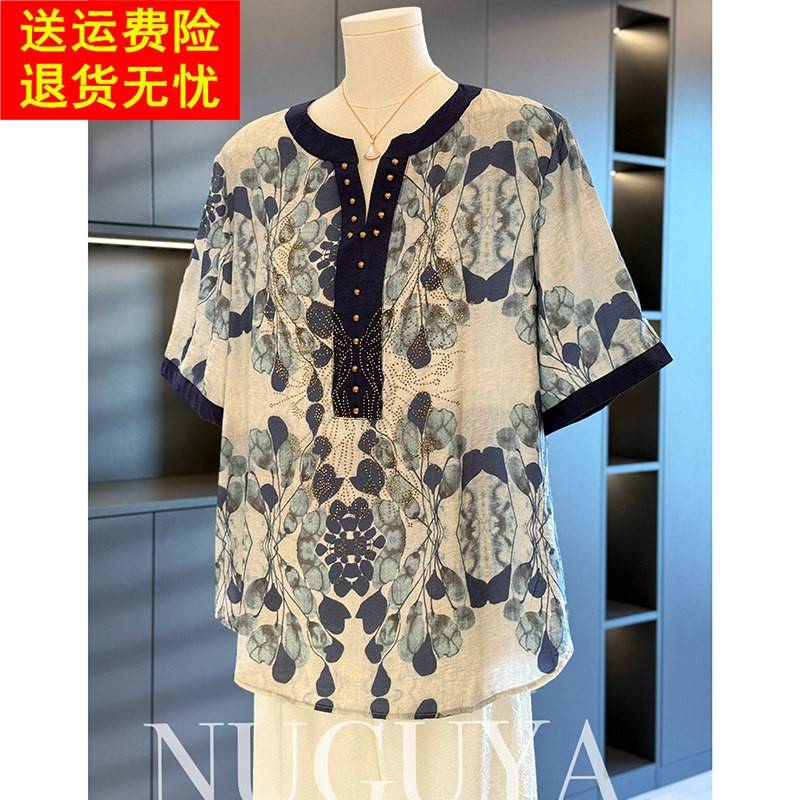 中国风妈妈装棉麻衬衫女短袖2025夏装新款上衣大尺码休闲 中老年