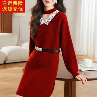 高级感本命年红色马年毛衣裙女中长款2025新款冬季加厚腰带打底衫