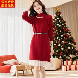 2025秋冬新款高端红色高领针织连衣裙女中长款蕾丝拼接收腰打底裙