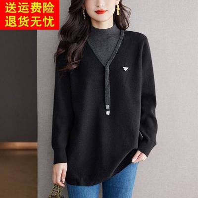 中年妈妈半高领羊毛衫女假两件加肥加大码宽松遮肚中长款打底毛衣