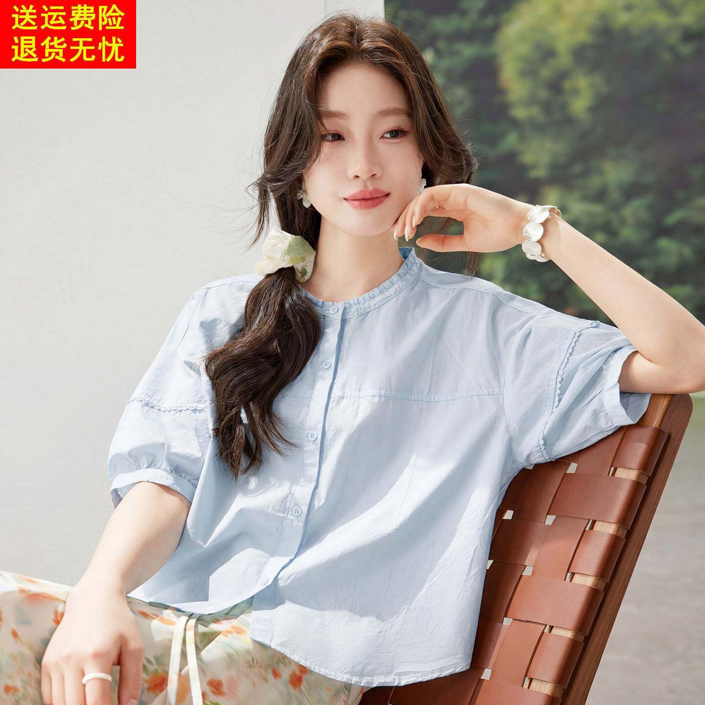 日系圆领衬衫女2026夏季新款短袖宽松显瘦纯棉上衣休闲设计感衬衫
