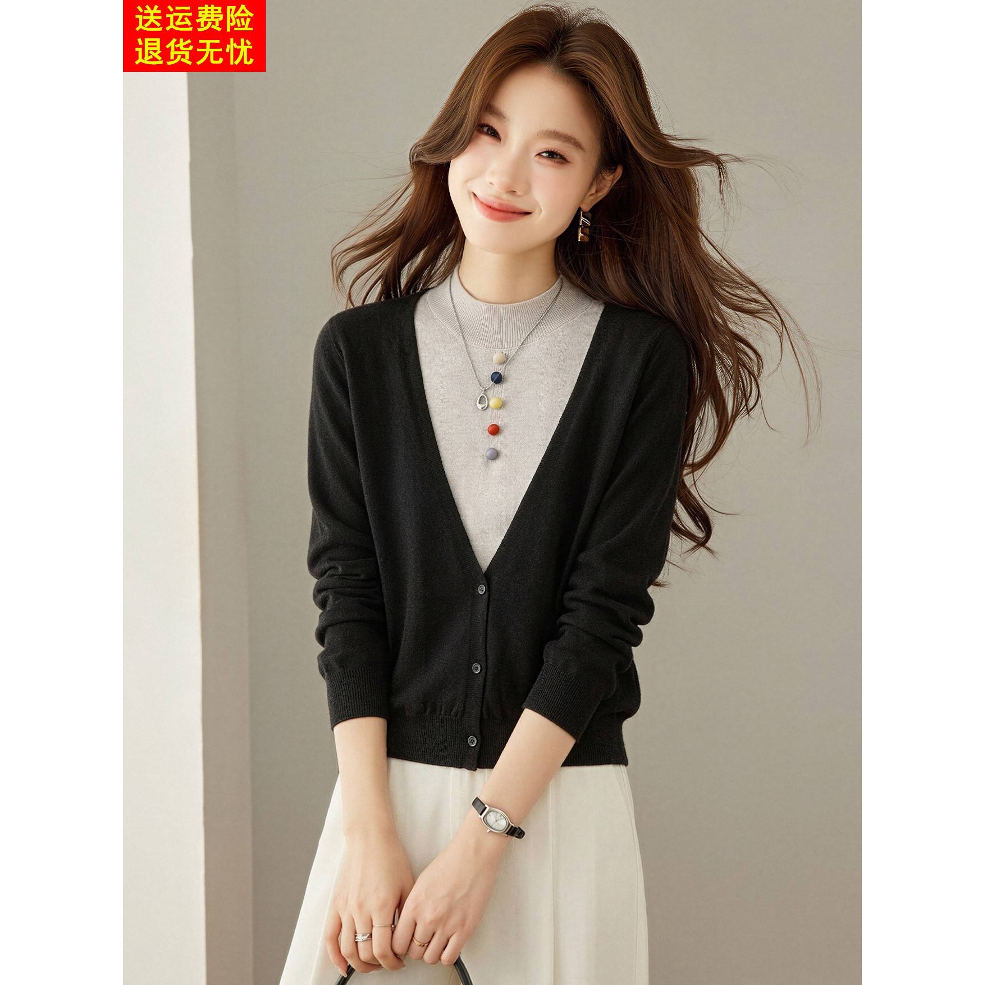 半高领撞色假两件毛衣女秋冬2026新款设计感小个子洋气针织打底衫