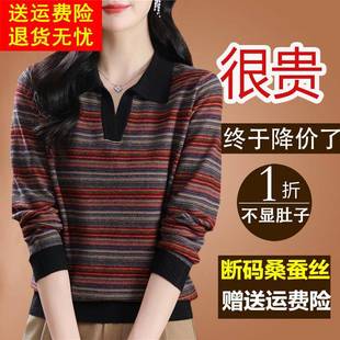 2024年新款 polo翻领彩条纹长袖 t恤女桑蚕丝针织大码 上衣打底小衫
