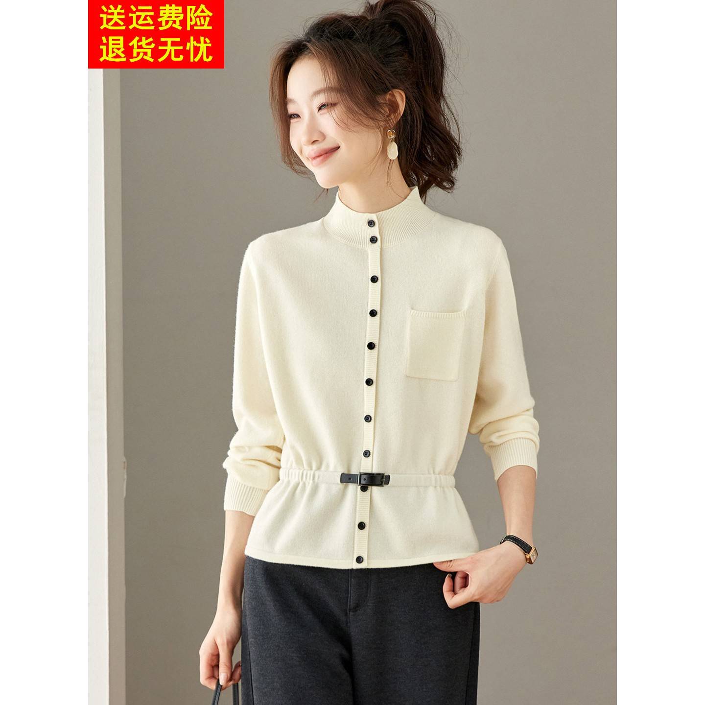 超好看半高领毛衣针织打底衫女秋冬内搭收腰系带高级感长袖上衣