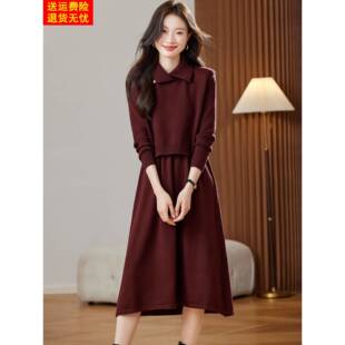 针织显瘦娃娃领连衣裙女过膝秋冬新款中长款长袖短款马甲两件套装