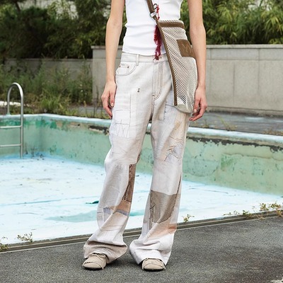 OPEN YY 25夏季新款拼色印染牛仔裤显瘦喇叭裤女长裤韩国代购