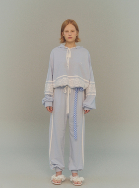 MY ROMANCHIC 22春夏新款松紧带拼色刺绣百搭中腰长裤韩国代购