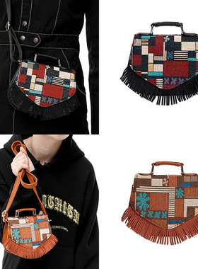 秒发runningHIGH 21早秋新品复古拼接设计流苏单肩斜挎包韩国代购