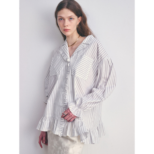 韩国代购 25秋季 宽松bf风荷叶边条纹撞色衬衫 新品 DEW