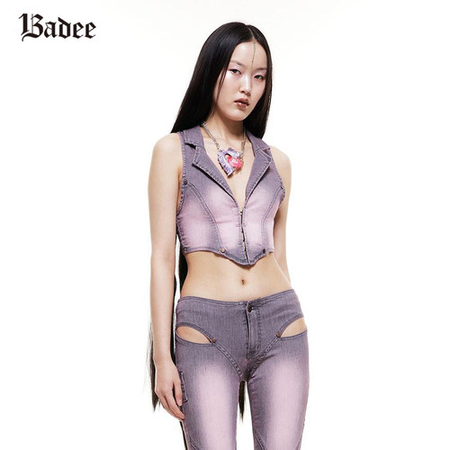 BADEE 24春夏新款着色弹力牛仔暗扣胸衣设计感小众韩国代购