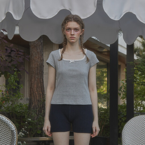 LETERIE 24夏季新品蕾丝边方领正肩短袖通勤百搭T恤韩国代购