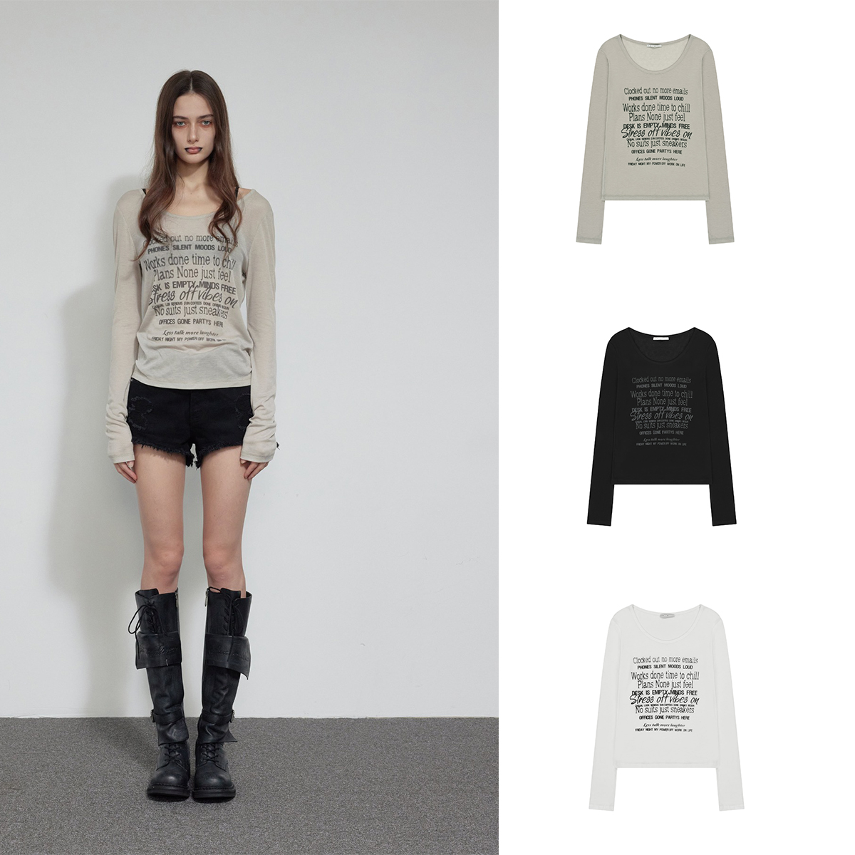 现货BOHEMSEO 25秋字母印花长袖打底衫T恤低圆领上衣韩国代购