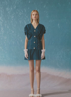 ROMANCHIC 压褶V领连衣裙