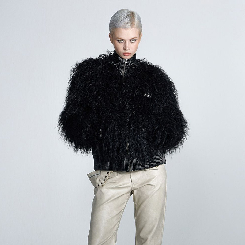 SCULPTOR 24秋季新品撞色拼接立领人造环保皮草毛绒外套韩国代购