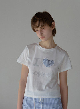 LETERIE 25春季新品修身贴钻字母爱心短袖休闲基础款T恤韩国代购