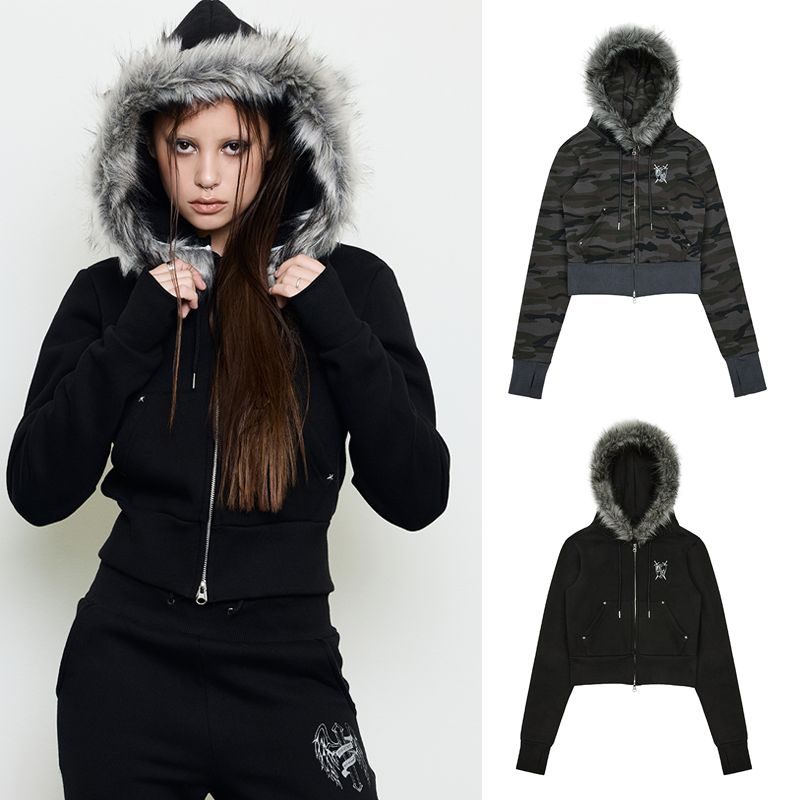 LUV IS TRUE 25冬迷彩加绒拉链外套修身短款连帽卫衣韩国代购