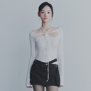 PAIN OR PLEASURE 25秋新品修身芭蕾风挂脖系带上衣打底韩国代购