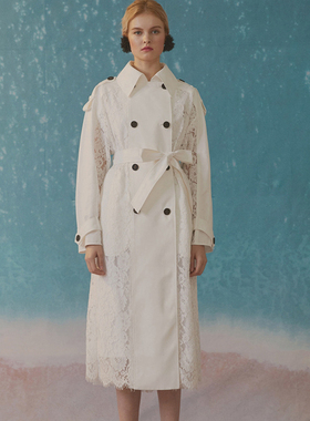 秒发ROMANCHIC 2020春夏秀场蕾丝拼接微透经典双排扣长款风衣
