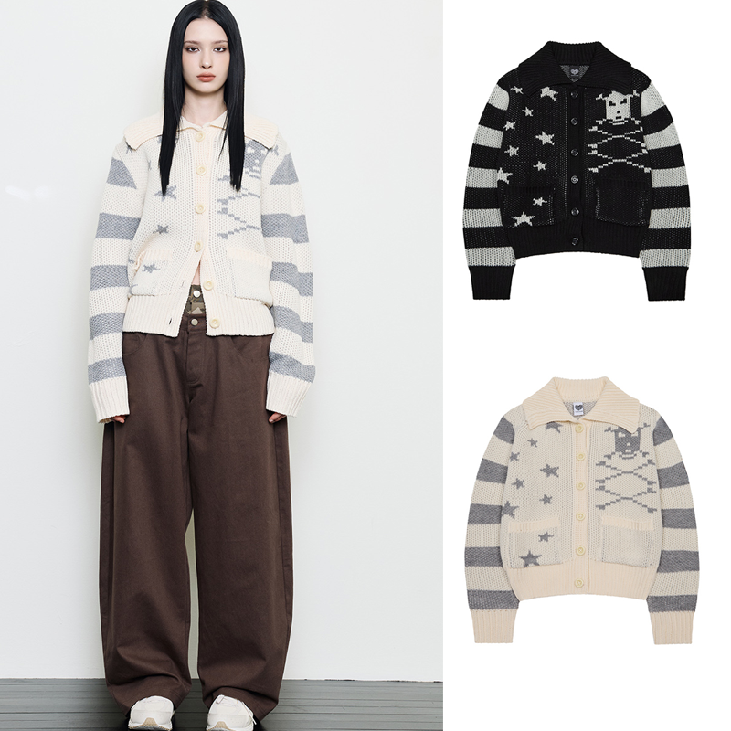 LUV IS TRUE 25冬提花刺绣针织外套学院风翻领开衫韩国代购