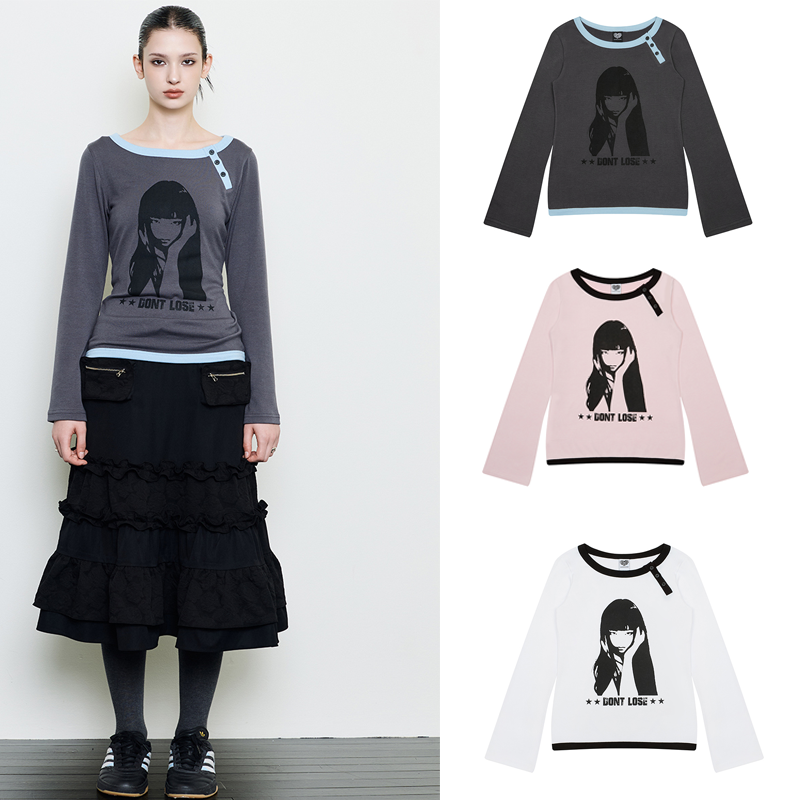 LUV IS TRUE 25冬季新款印花长袖T恤拼色百搭打底衫韩国代购