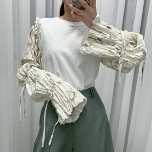 YCH 2022春季新款 印花拼接设计感圆领灯笼长袖上衣衬衫 韩国代购