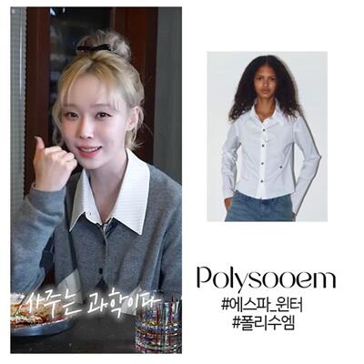 Winter同款Polysooem 24秋修身设计感气质翻领条纹长袖衬衫韩代