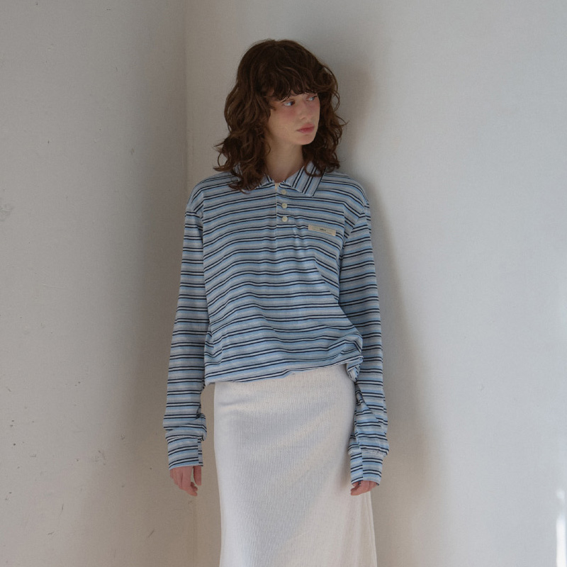 粉现货LETERIE 25春季 宽松下摆可调节抽绳条纹POLO领T恤韩国代购