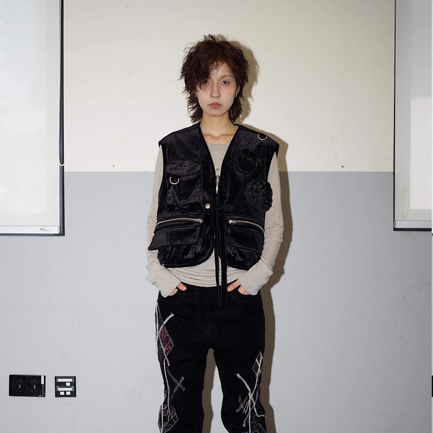 OPEN YY 25冬丝绒马甲立体玫瑰花设计复古休闲马夹韩国代购