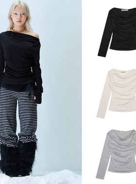 LARTIGENT 25冬季新款三种穿法条纹连帽卫衣露肩长袖T恤韩国代购