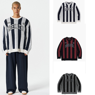 韩国代购 HDEX 条纹撞色字母宽松套头毛衣针织衫 新款 25冬季