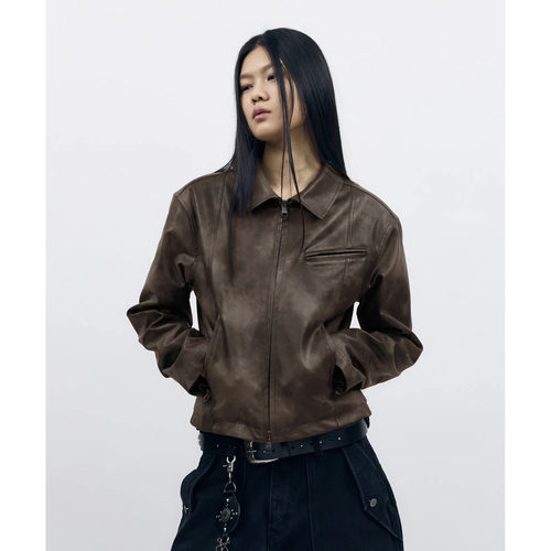 AAKAM 26春新品盐洗复古做旧环保PU皮夹克外套韩国代购