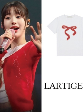 张元英同款LARTIGENT 蝴蝶结钉珠短袖T恤宽松上衣女韩国代购