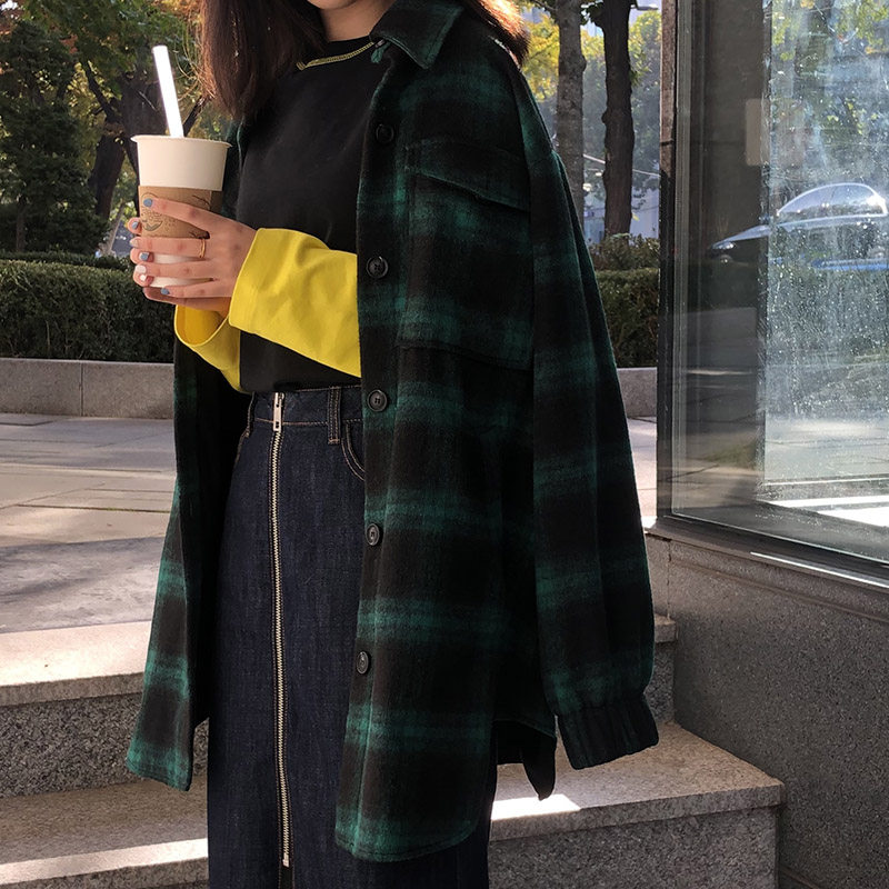秒发ROCKET X LUNCH 2019秋冬 格子长款衬衫外套复古百搭韩国代购