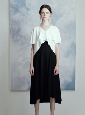 秒发ROMANCHIC21春夏新品荷叶边撞色连衣裙短袖收腰气质雪纺长裙