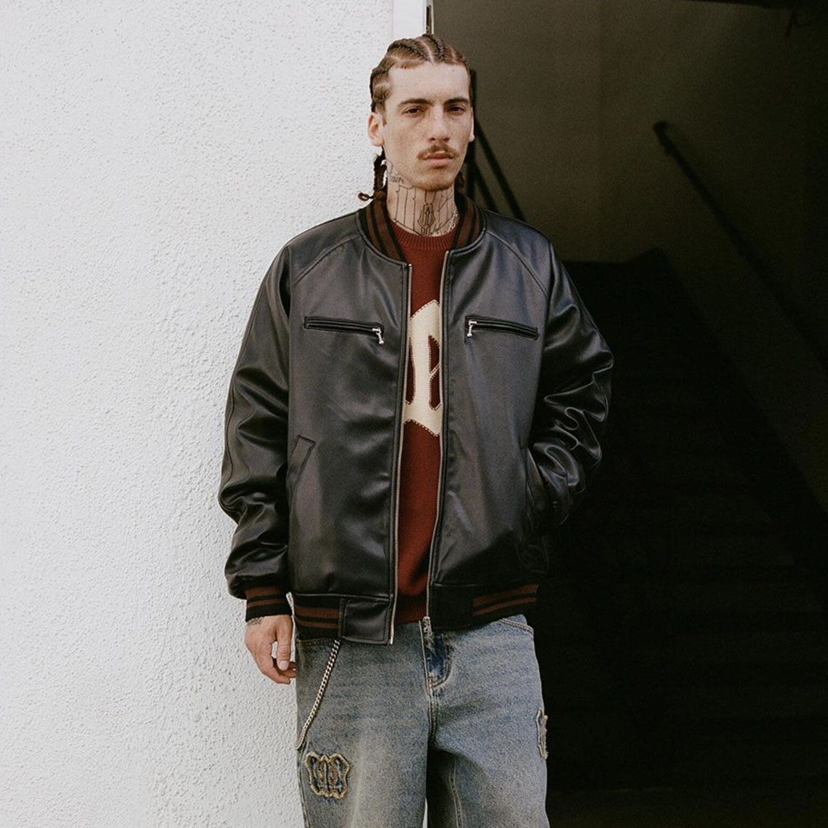 WKNDRS 2024秋季新品复古做旧皮衣外套宽松刺绣机车夹克韩国代购