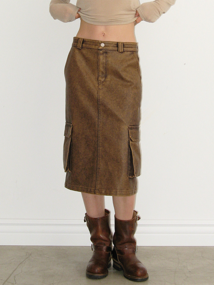 Polysooem水洗皮工装半身裙